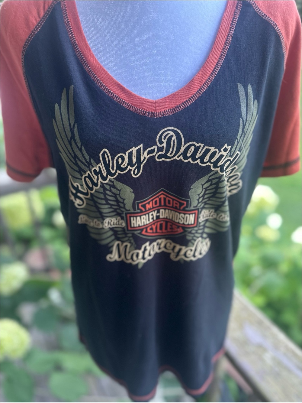 Harley-Davidson Ladies Black Tee with Orange Trim Raglan Collar